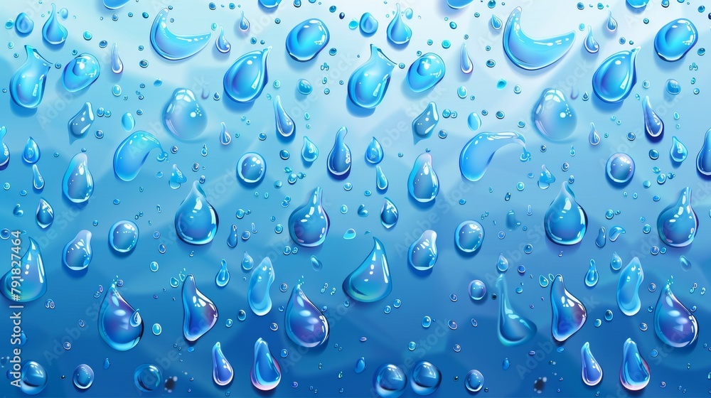 Condensation, raindrops on window or glass surface, pure aqua blobs pattern, abstract wet texture, realistic 3D modern illustration of water drops on transparent background