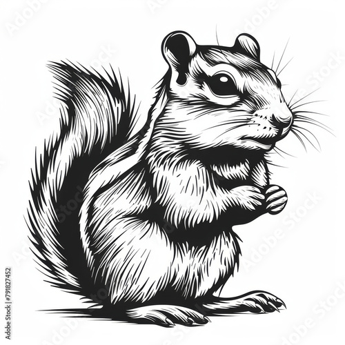 Graphic illustration of a chipmunk in a dynamic black and white style, highly detailed.