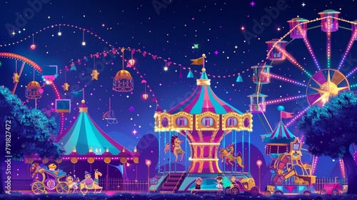 Animated circus cartoon ads posters, invitation to amusement park. Children hold cocktail and flapper at night funfair with merry-go-round carousel, big top tent and ferris wheel.