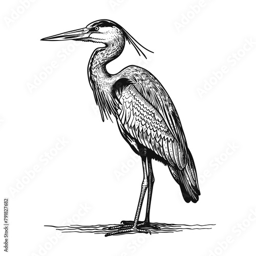 heron engraving black and white outline