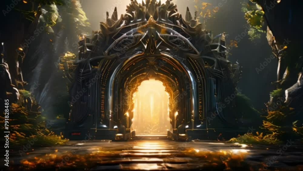 Enchanted forest gateway with a glowing entrance and intricate details ...