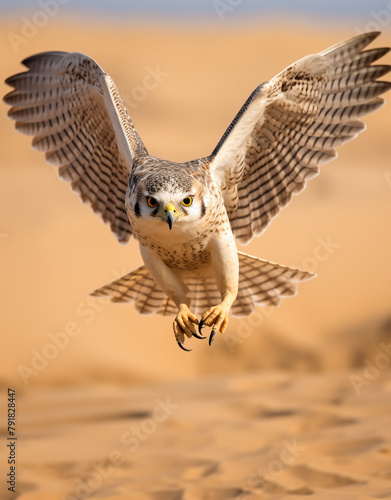 flying Lanner Falcon, reallife animals, sand desert сreated with Generative Ai
