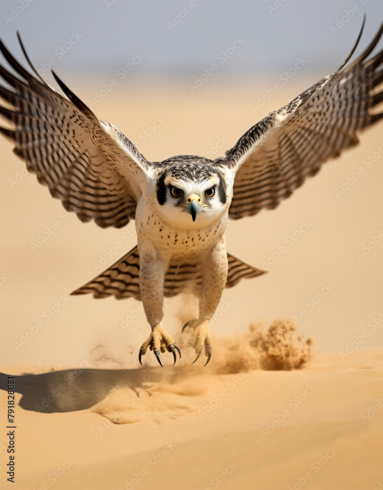 Fototapeta premium flying Lanner Falcon, reallife animals, sand desert сreated with Generative Ai