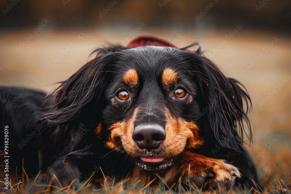 An intimate portrait of a charming black and tan dog gazing with soulful eyes The warm, blurred background highlights its features An intimate portrait of a charming black and tan dog gazing with soulful eyes The warm, blurred background highlights its features