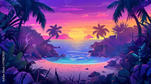 A sunset on a tropical beach under a gorgeous purple sky with seaside palm trees, plants, rocks and sand under beautiful purple skies. Illustration of the sunset on a tropical beach.