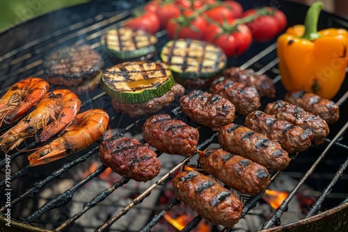 Shrimps and sausages among a feast of barbecued food, perfect for outdoor dining