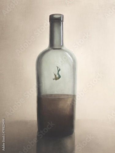 Illustration of drunk man falling into wine bottle, alcohol addiction issue surreal concept