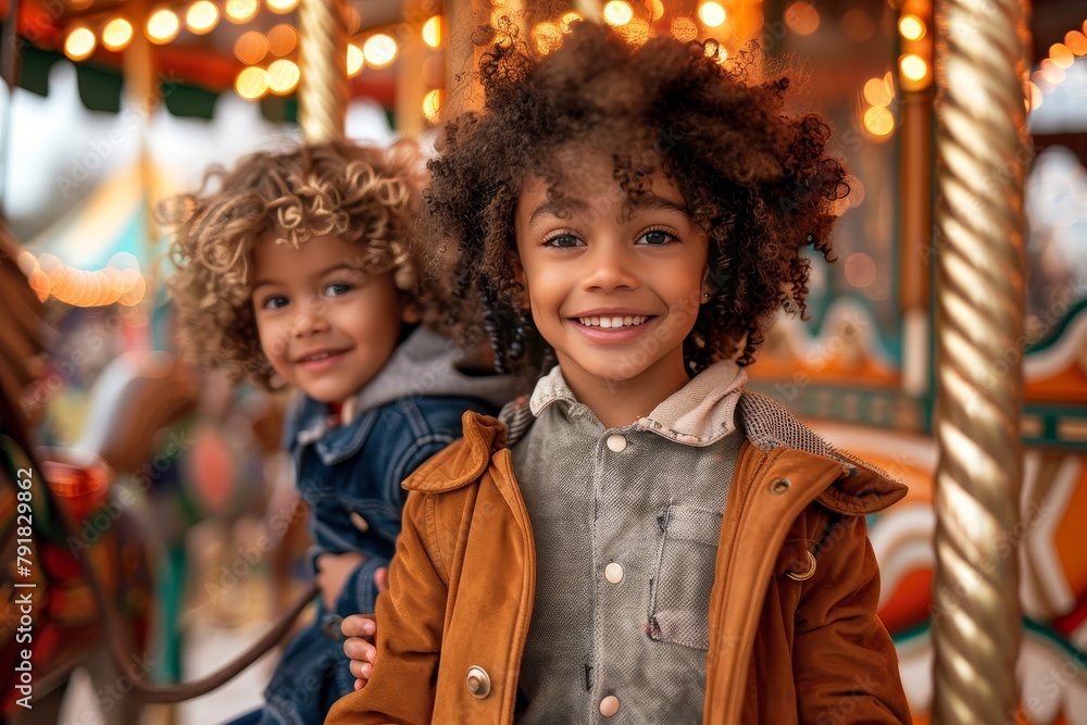 Two joyful children with curly hair enjoying their time together on a carousel at a fair