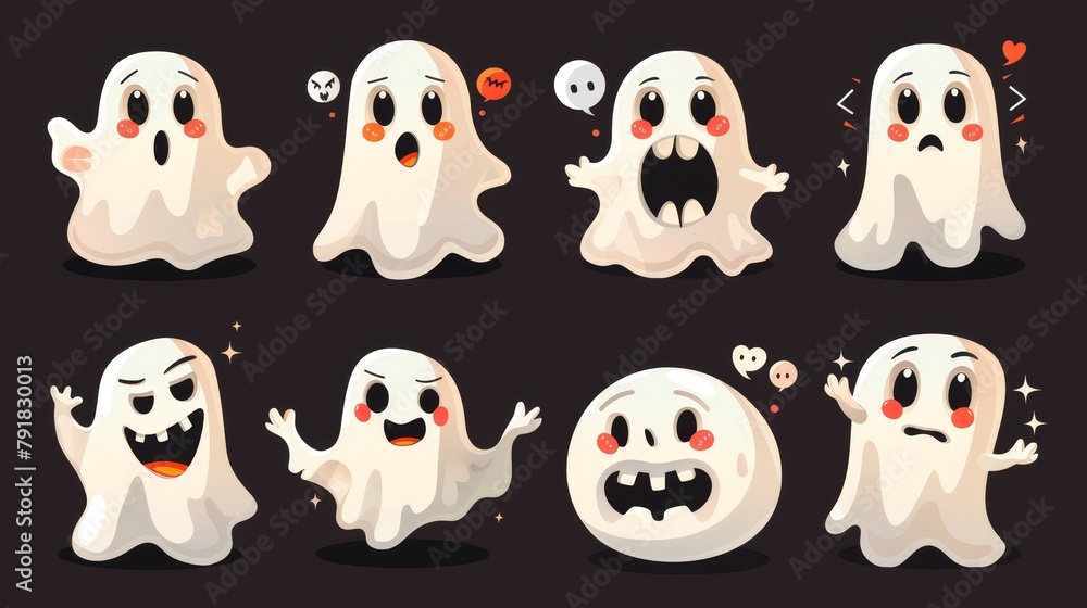 Isolated black background with ghost characters expressing different emotions. Modern cartoon illustration of flying white ghost, spooky spirit smiling, scare, happy, surprised, and angry. Isolated black background with ghost characters expressing different emotions. Modern cartoon illustration of flying white ghost, spooky spirit smiling, scare, happy, surprised, and angry.