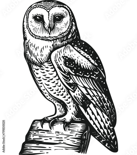 snowy owl engraving black and white outline