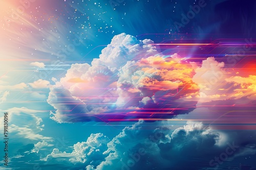 cloud computing, with abstract clouds symbolizing remote data storage and processing resources accessed over the internet, enabling scalable and flexible IT solutions photo