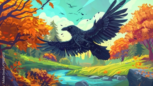 The black raven flies in an autumn forest on the bank of the river. Modern cartoon illustration of fall landscape with a stream of water, green grass, orange bushes, trees and a wild crow that