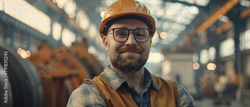 Photograph of a professional heavy industry engineer worker wearing glasses and a hard hat in a steel factory and smiling at the camera. Industrial specialist in metal construction manufacturing. photo
