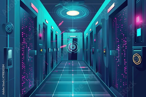 Illustrations showcasing biometric access control systems and surveillance cameras, enhancing physical security within the data center facility and preventing unauthorized entry