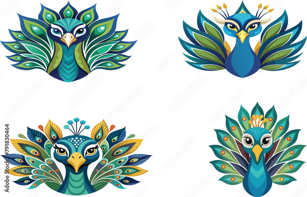  Peacock Head Design on White Background.