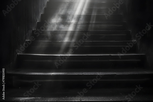 Rays of light. Stairs in the dark. Black and white concept.