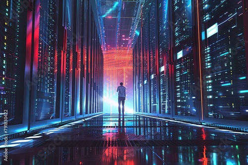 Images highlighting the scale and complexity of a server room environment, with technicians working among towering racks, emphasizing the critical role of data centers in modern digital operations