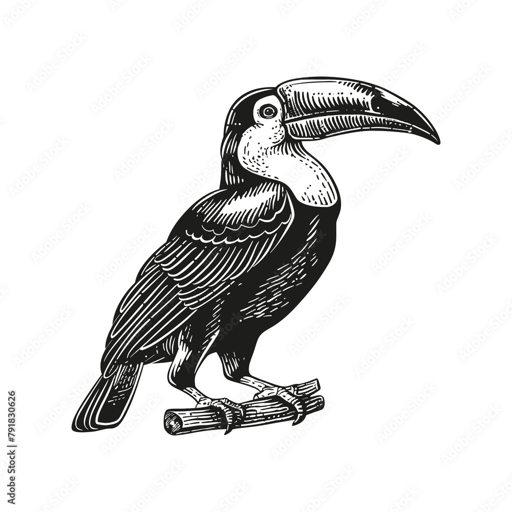 Naklejka premium toucan engraving black and white outline