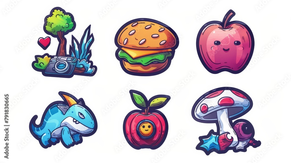 Modern cartoon set of comic patches with girl, hamburger, apple, mushroom, and ufo. Button badges designed in trendy contemporary design. Modern cartoon set of comic patches with girl, hamburger, apple, mushroom, and ufo. Button badges designed in trendy contemporary design.