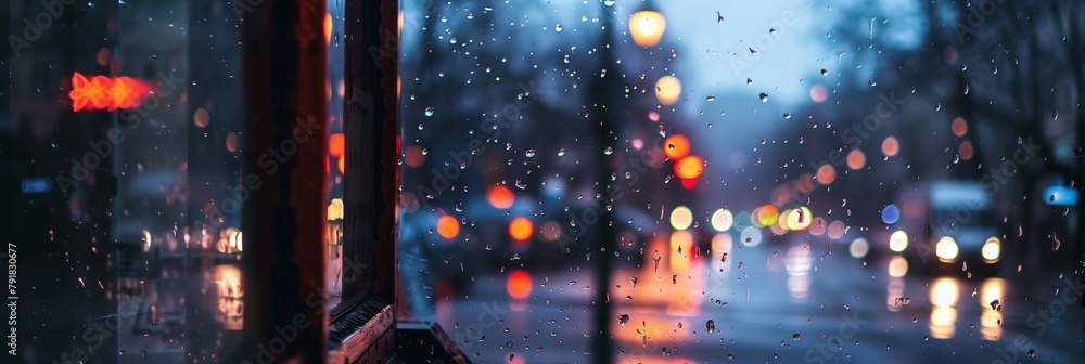 Through a water-drenched window, city lights blur into bokeh, capturing the gloomy ambiance of urban rain Through a water-drenched window, city lights blur into bokeh, capturing the gloomy ambiance of urban rain