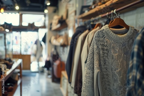 Warm and inviting photograph showcasing various clothing items and accessories on display in a boutique