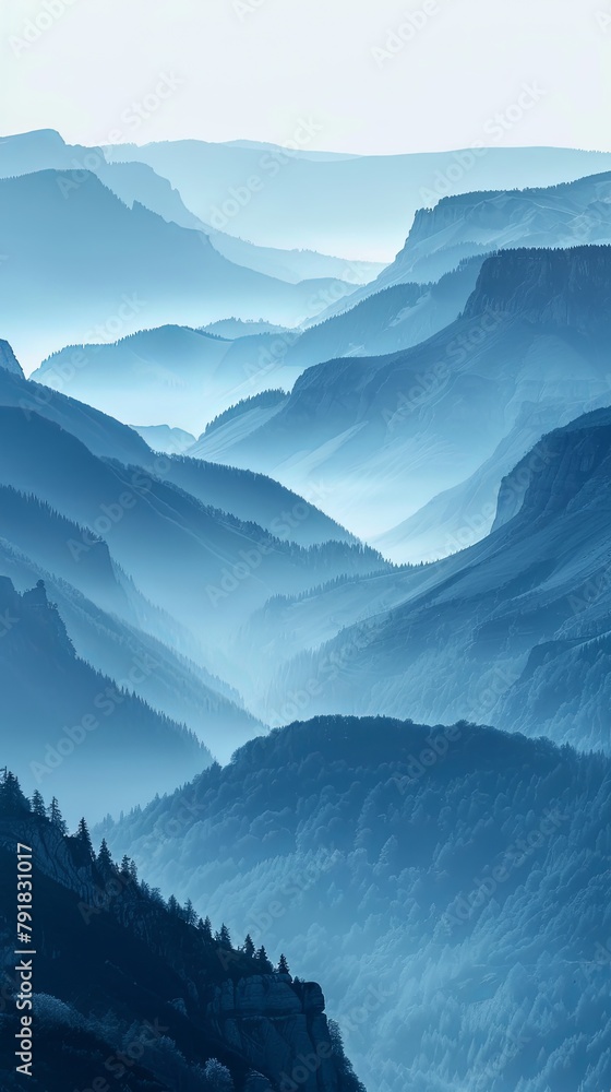 Fototapeta premium Serene Blue Mountain Range Fading into Misty Sky