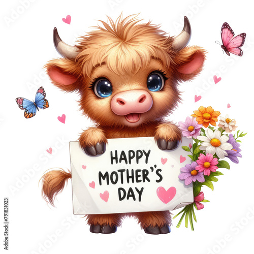  Happy Mothers Day of Highland Cow Clipart Illustration