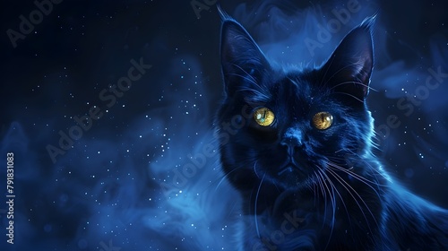 Enigmatic Feline Gaze Amid Cosmic Midnight Backdrop © doraclub