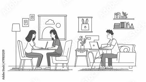 A group of freelancers work from home from their desks or sofas. Freelancers or outsourced remote workers with computers  flat modern illustration line art.