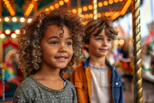 Two cheerful young kids with curly hair are gazing with amazement at the carousel lights in an amusement park atmosphere