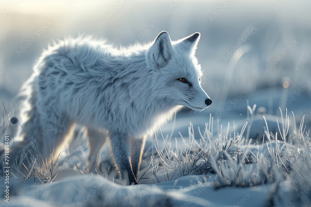 An arctic fox stands on the icy tundra, its white fur blending in seamlessly with the snow-covered landscape.