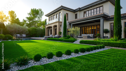 An elegant mansion's backyard exudes luxury with its meticulously manicured lawn, structured garden beds, smooth pebble paths, and a serene poolside lounge area. © BotTastic