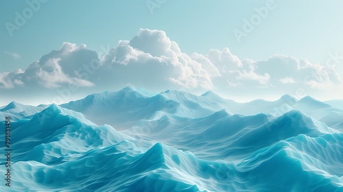 Mountains with white clouds as background, glowing 3d objects. photo