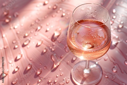 A glass of rose wine on a pink background with water drops. photo