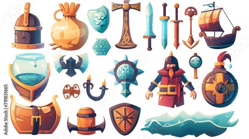 Illustration of medieval knights, norse barbarians, and potions in viking helmets, swords, ships, and celtic crosses. Modern comic illustration set. photo