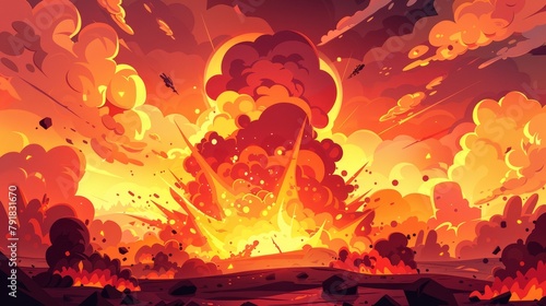 A fire background, a cartoon landing page with the red bomb explosion clouds over the burned land. Boom effect, smoke, UI design with detonation, atomic explosion modern design. photo