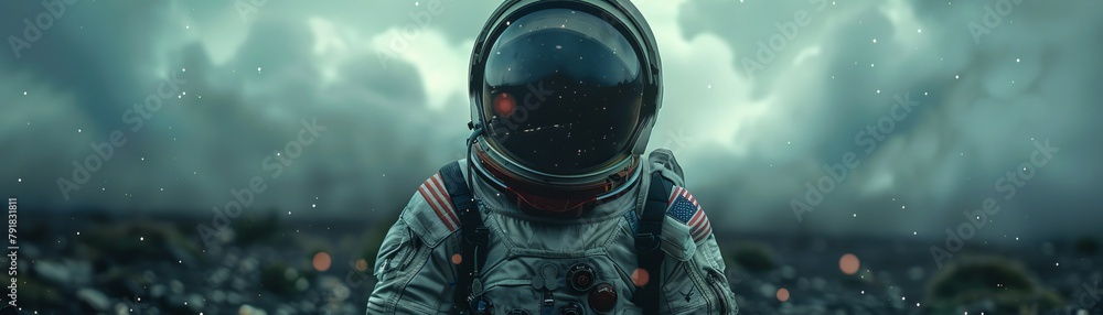 Fototapeta premium An astronaut is standing on the surface of a distant planet. The astronaut is looking at the camera. The planet is covered in a thick layer of snow. The sky is dark and cloudy.