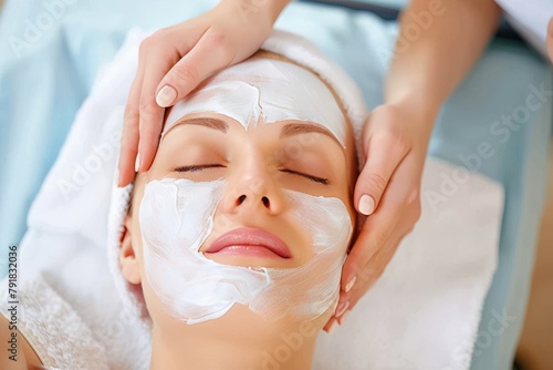 Serene young woman enjoys a luxurious facial spa treatment in a peaceful wellness retreat