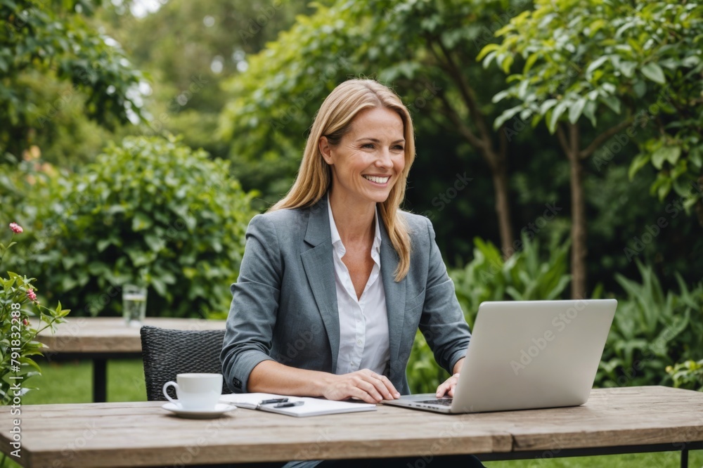Smiling businesswoman using laptop at table in garden Smiling businesswoman using laptop at table in garden