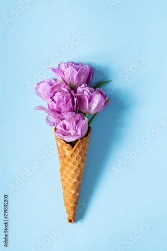 Wafer cone with tulips on a blue background. Flower ice cream, spring concept with first flowers.
