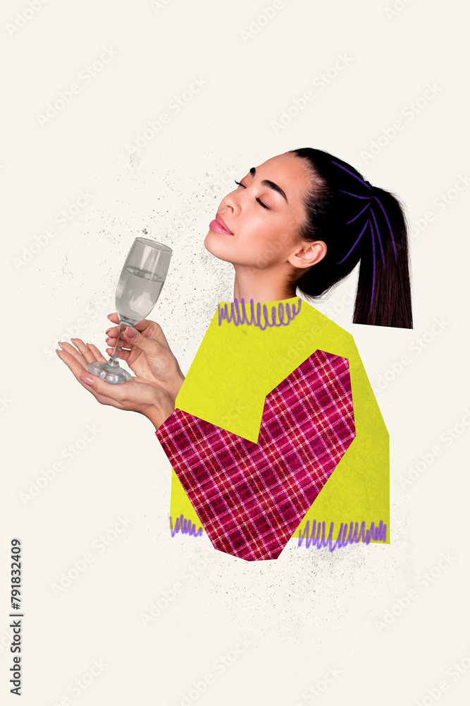 Trend artwork composite sketch image photo collage of calm attractive lady hold in hand glass water balance drink healthy lifestyle Trend artwork composite sketch image photo collage of calm attractive lady hold in hand glass water balance drink healthy lifestyle