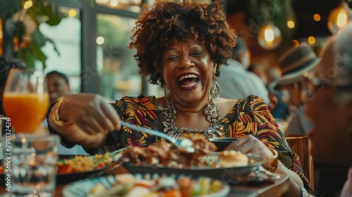 Joyful Woman Enjoying Dinner Party photo