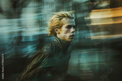 To be in s rush concept. Portrait of handsome young blond man runnung fast somewhere with all his might. Double exposure. Evening time. Cinematic effect, old films style. Outdoor shot photo