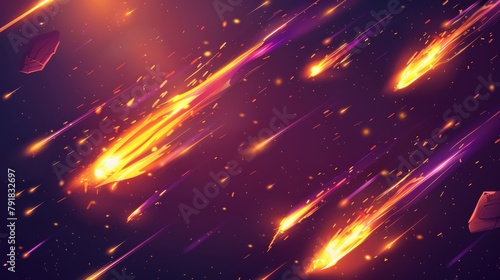 Fireballs falling with glowing trails. Meteor shower in space with star dust effect. Comets shooting in galaxy or deep space. Meteorites on transparent background, Realistic 3D modern illustration.