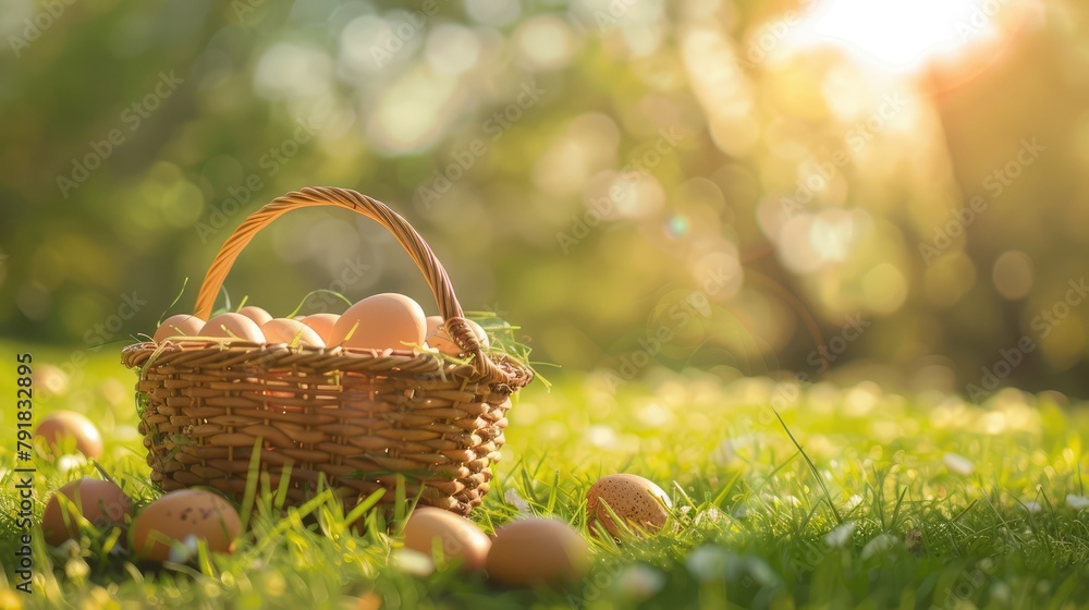 Basket with eggs on the lawn with copyspace Basket with eggs on the lawn with copyspace