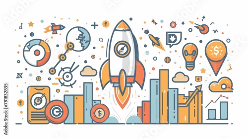 A doodle concept for a business startup, project launch, or successful idea presentation with a businessman and a flying rocket. Goal achievement, boost. Linear modern illustration. © Mark