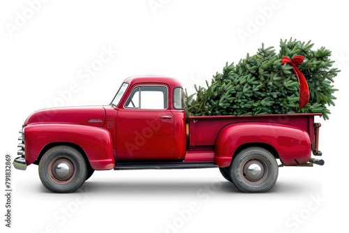 Side view of an old red truck transporting a Christmas tree isolated white background