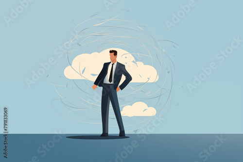 Business graphic vector modern style illustration of a business person in a workplace environment showing brainstorm ideas creation inception thinking turmoil or conflict with anger and disruption © James