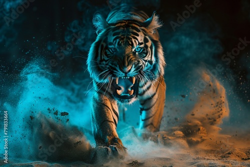 Close-up portrait of a tiger in the smoke in the dark photo