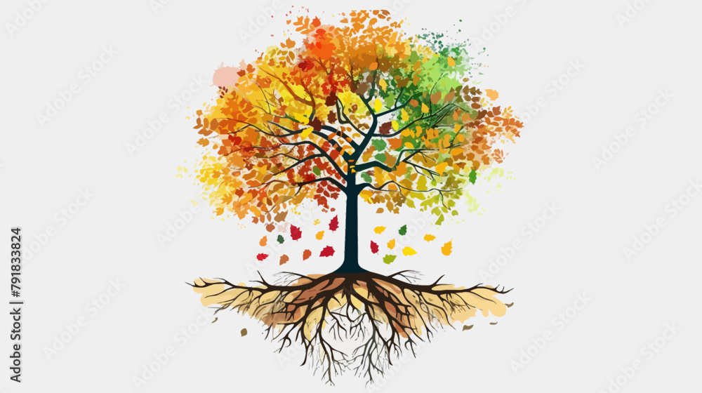 a colorful tree with roots and leaves on a white background
